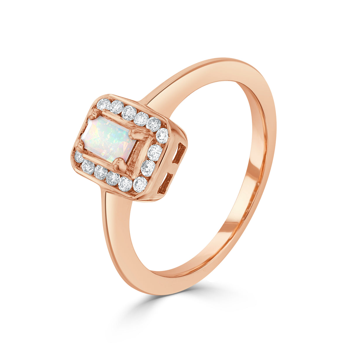 9CT RG CLAW SET 5X3 OCTAGON OPAL AND CHANNEL SET ROUND DIAMOND CLUSTER RING