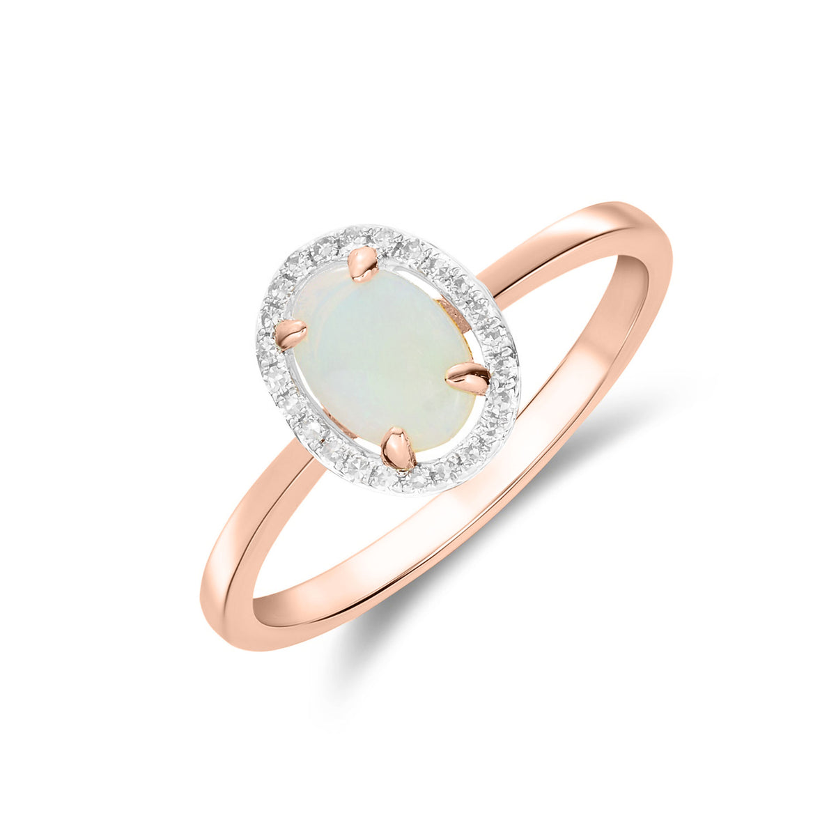 9CT RG 7X5 OVAL OPAL & DIAMOND HALO CLAW SET CLUSTER RING. RHODIUM TO DIAMONDS