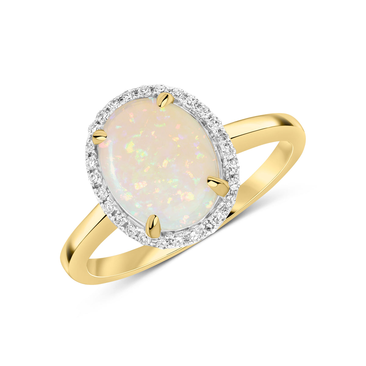 9CT YG 10X8 OVAL OPAL & DIAMOND CLAW SET CLUSTER RING. RHODIUM TO DIAMONDS