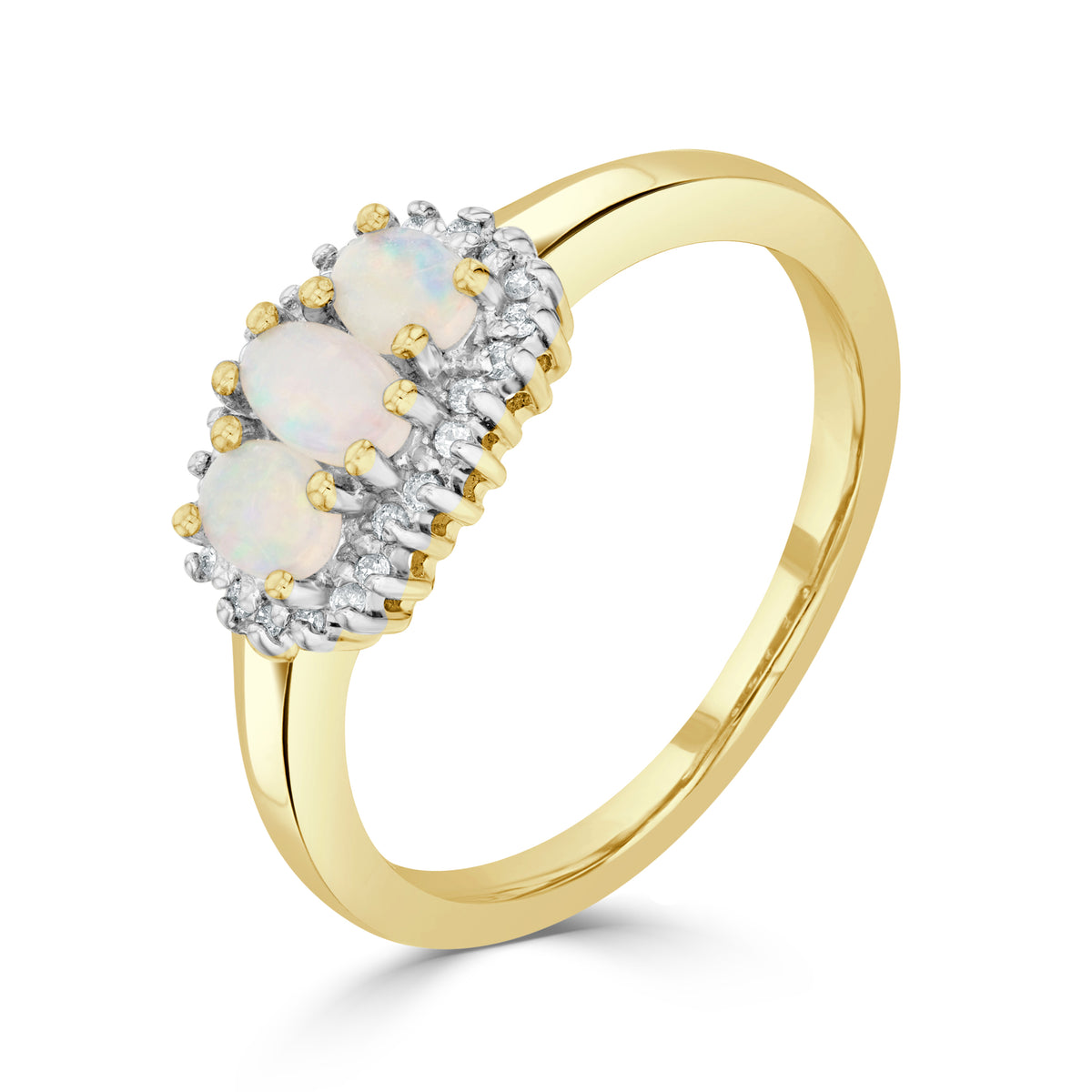 9CT YG OVAL OPAL AND DIAMOND TRIPLE CLUSTER RING. RHODIUM TO DIAMONDS
