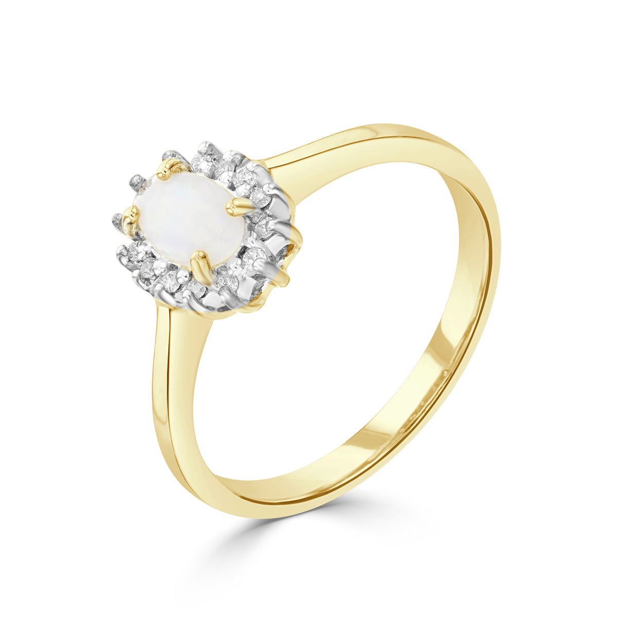 9CT YG 6X4 OVAL OPAL & DIAMOND CLAW SET CLUSTER RING. RHODIUM TO DIAMONDS