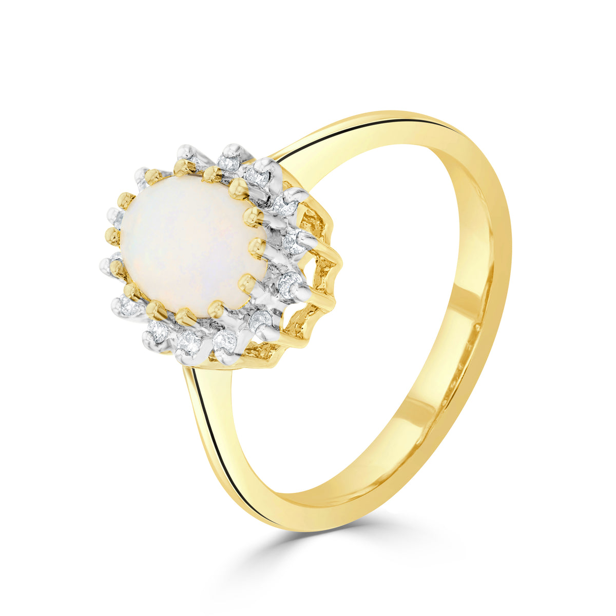 9CT YG 8X6 OVAL OPAL & DIAMOND CLAW SET CLUSTER RING. RHODIUM TO DIAMONDS