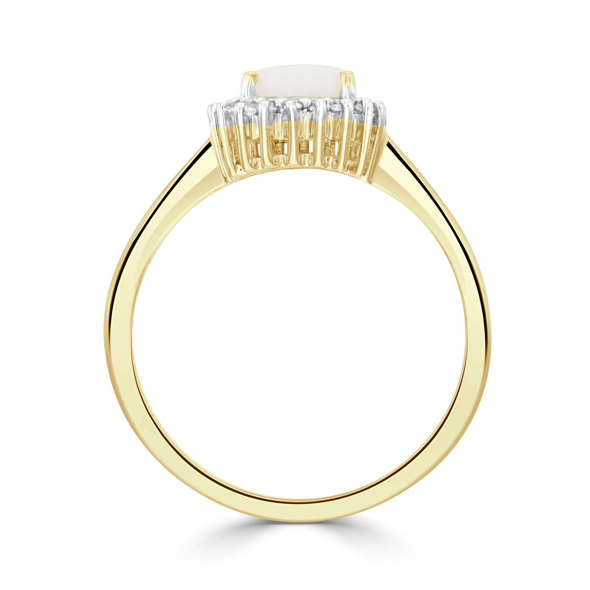 9CT YG 6MM ROUND OPAL & DIAMOND CLAW SET CLUSTER RING. RHODIUM TO DIAMONDS