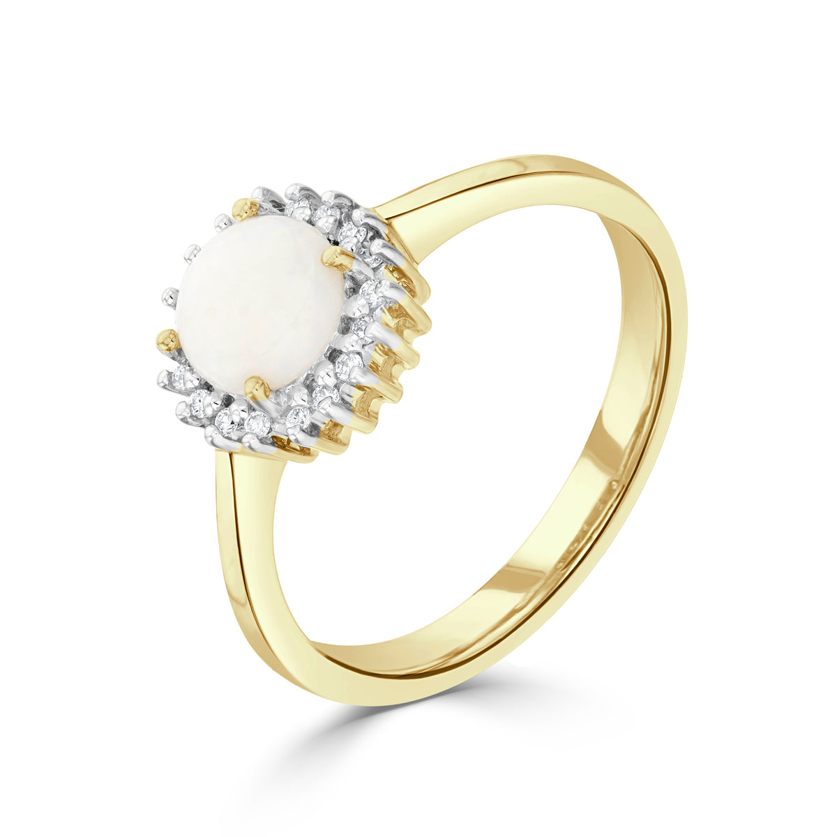 9CT YG 6MM ROUND OPAL & DIAMOND CLAW SET CLUSTER RING. RHODIUM TO DIAMONDS