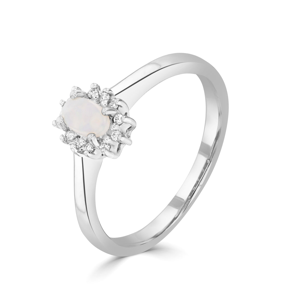 9CT WG 5X3 OVAL OPAL & DIAMOND CLAW SET CLUSTER RING