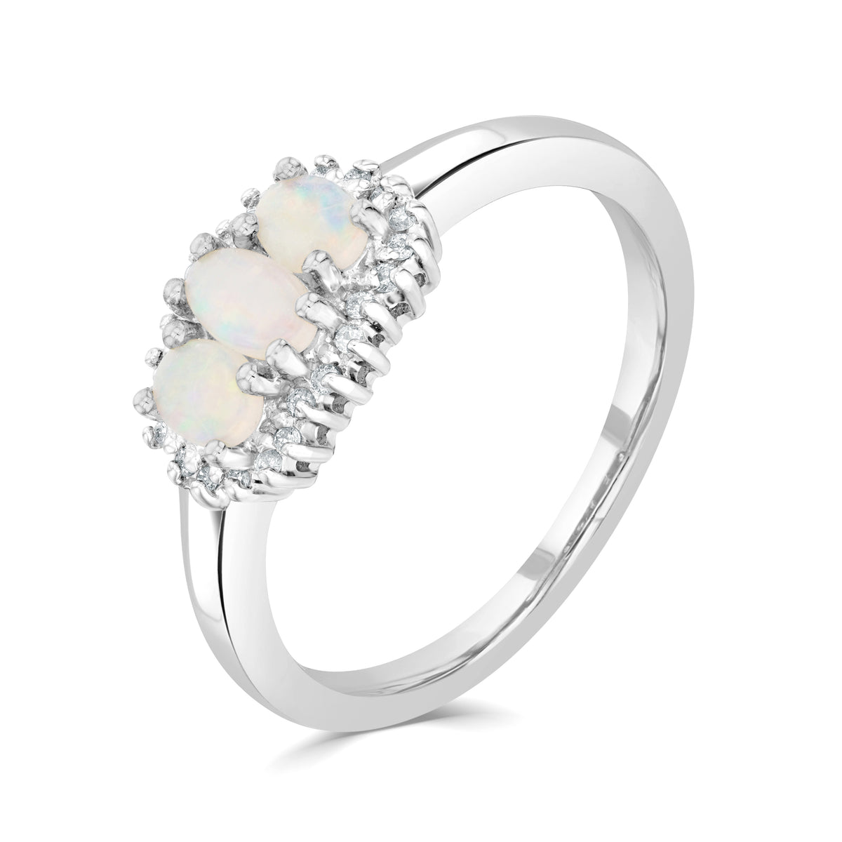 9CT WG OVAL OPAL AND DIAMOND TRIPLE CLUSTER RING