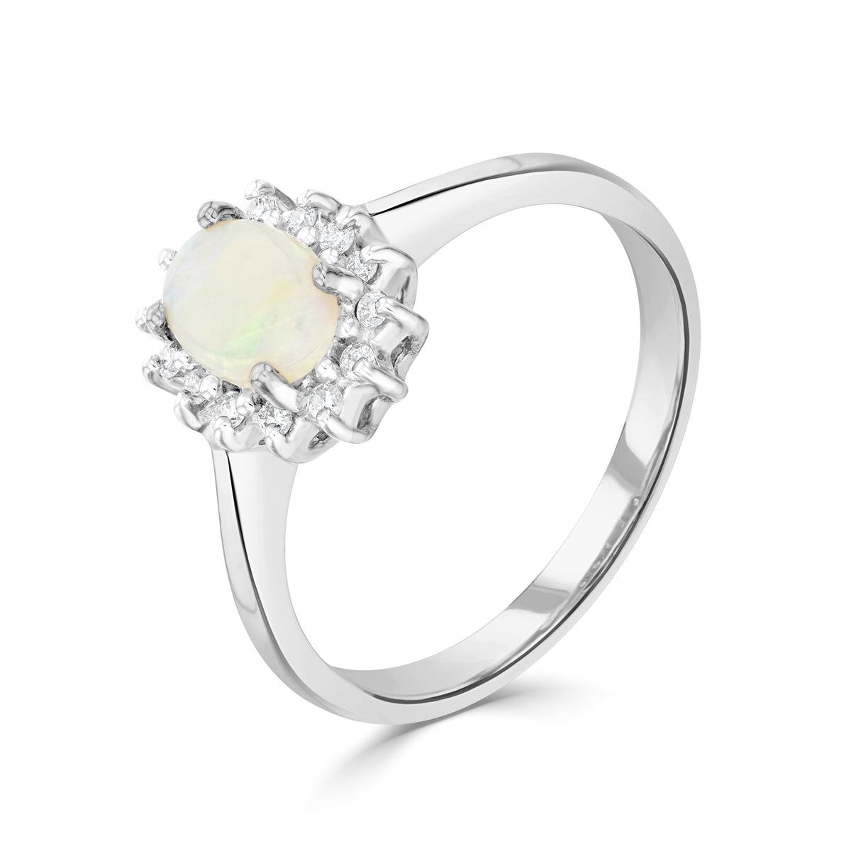 9CT WG 7X5 OVAL OPAL & DIAMOND CLAW SET CLUSTER RING