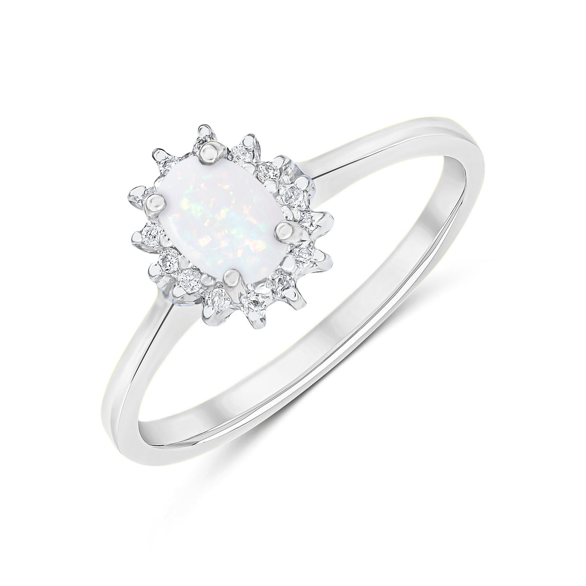 9CT WG 6X4 OVAL OPAL & DIAMOND CLAW SET CLUSTER RING