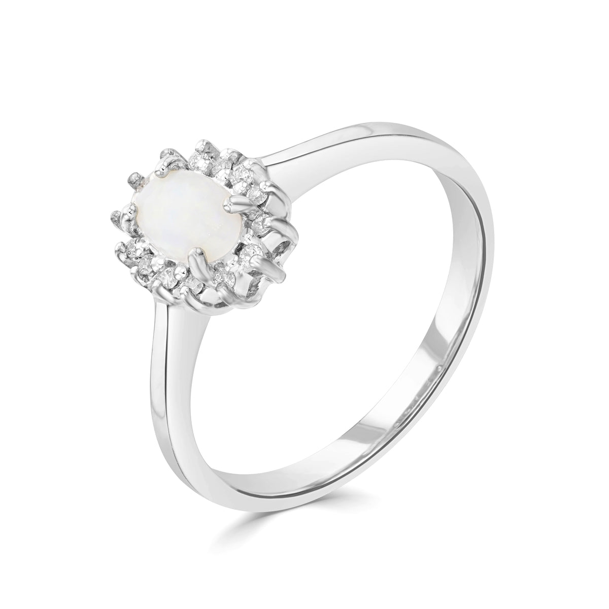 9CT WG 6X4 OVAL OPAL & DIAMOND CLAW SET CLUSTER RING