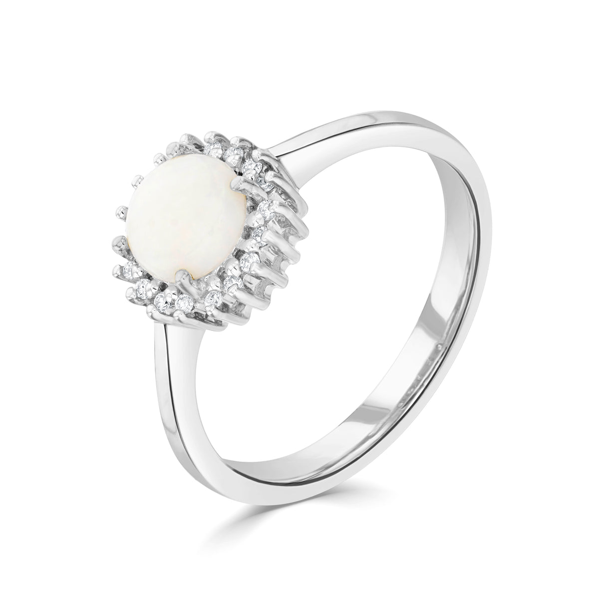 9CT WG 6MM ROUND OPAL & DIAMOND CLAW SET CLUSTER RING