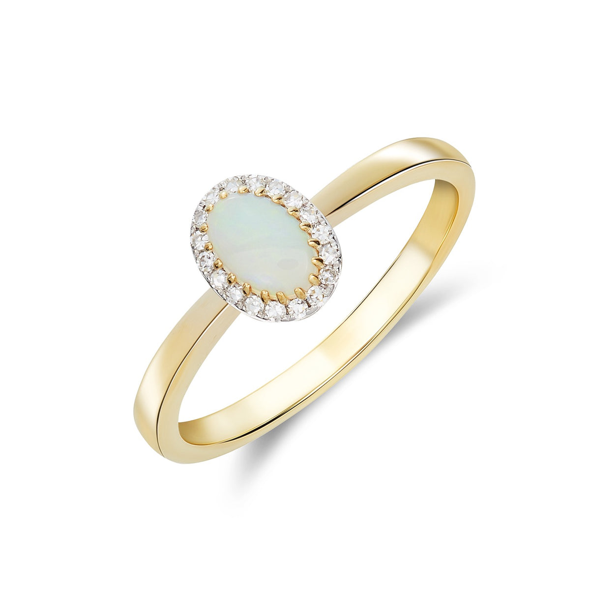 9CT YELLOW GOLD OVAL OPAL AND DIAMOND CLAW CLUSTER RING