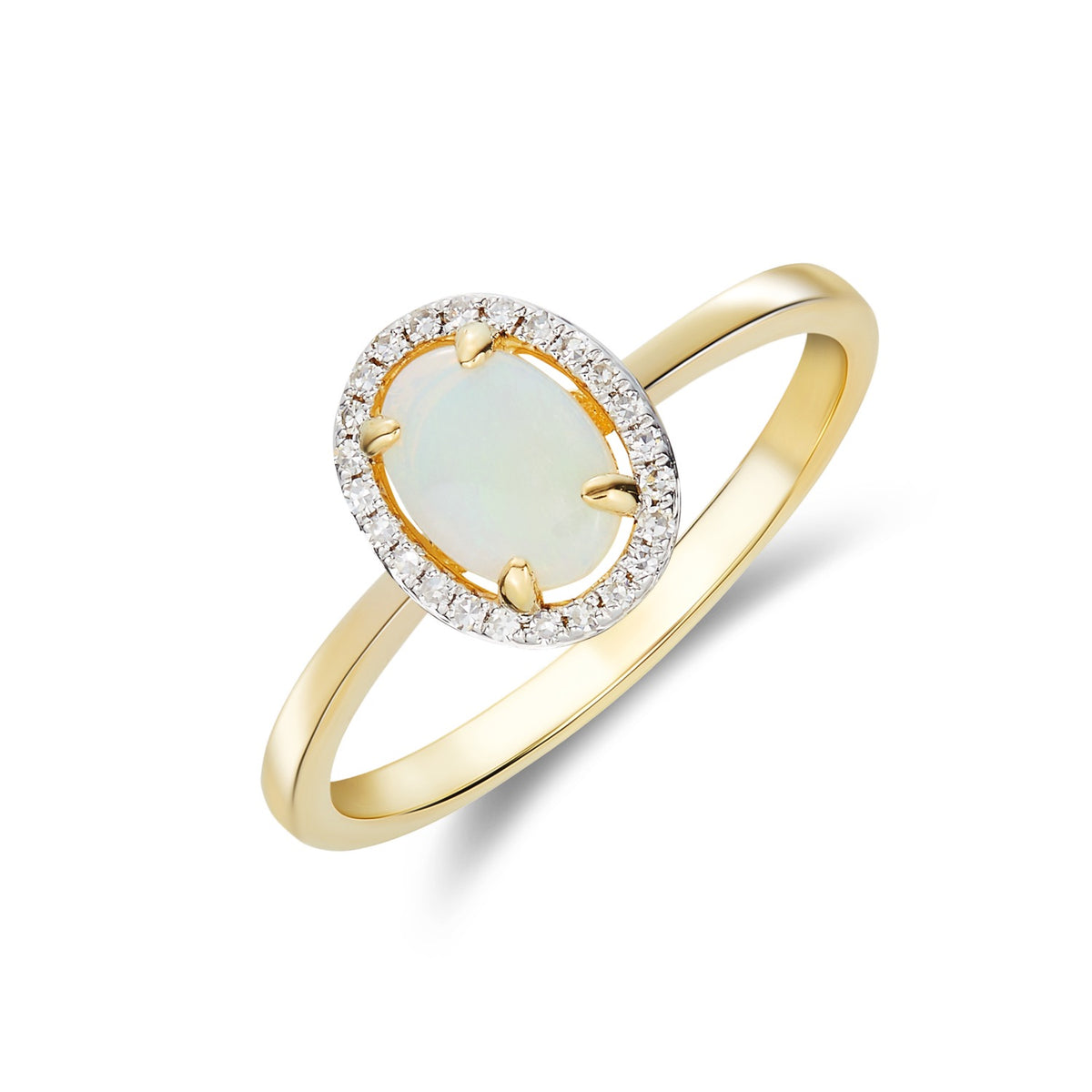9CT YG 7X5 OVAL OPAL & DIAMOND HALO CLAW SET CLUSTER RING. RHODIUM TO DIAMONDS