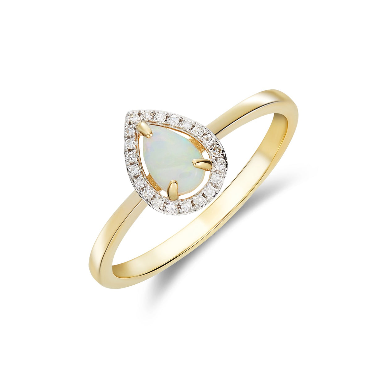 9CT YG 6X4 PEARSHAPE OPAL & DIAMOND HALO CLAW CLUSTER RING . RHODIUM TO DIAMONDS
