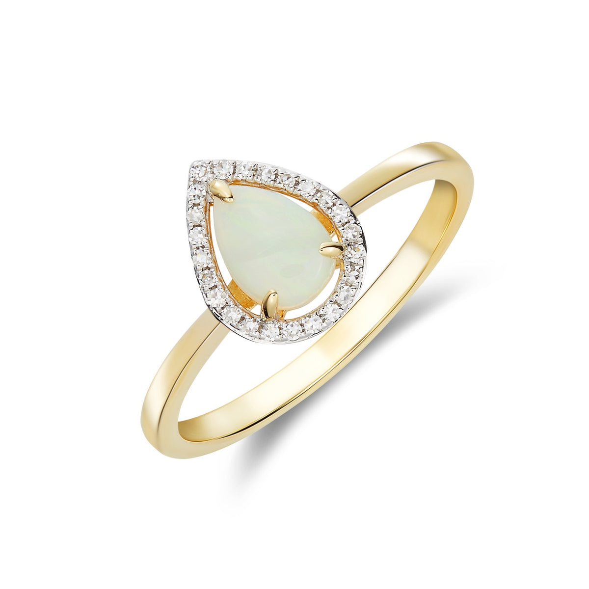 9CT YG 7X5 PEARSHAPE OPAL & DIAMOND HALO CLAW CLUSTER RING. RHODIUM TO DIAMONDS