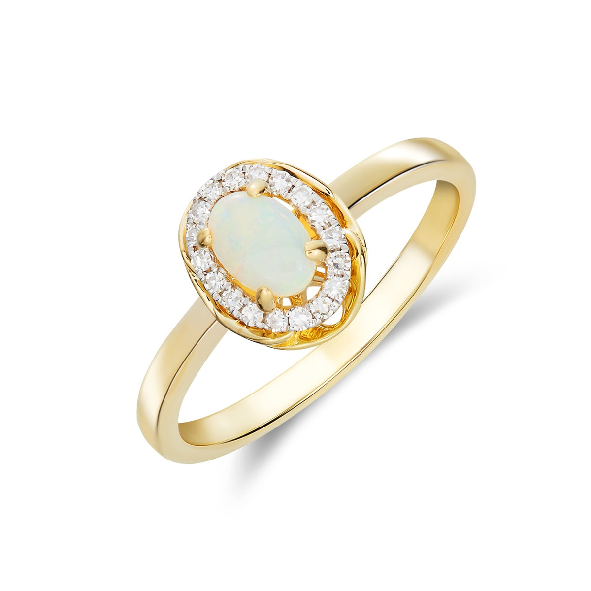 9CT YG 6X4 OVAL OPAL & DIAMOND CLUSTER RING WITH ROPE EDGE