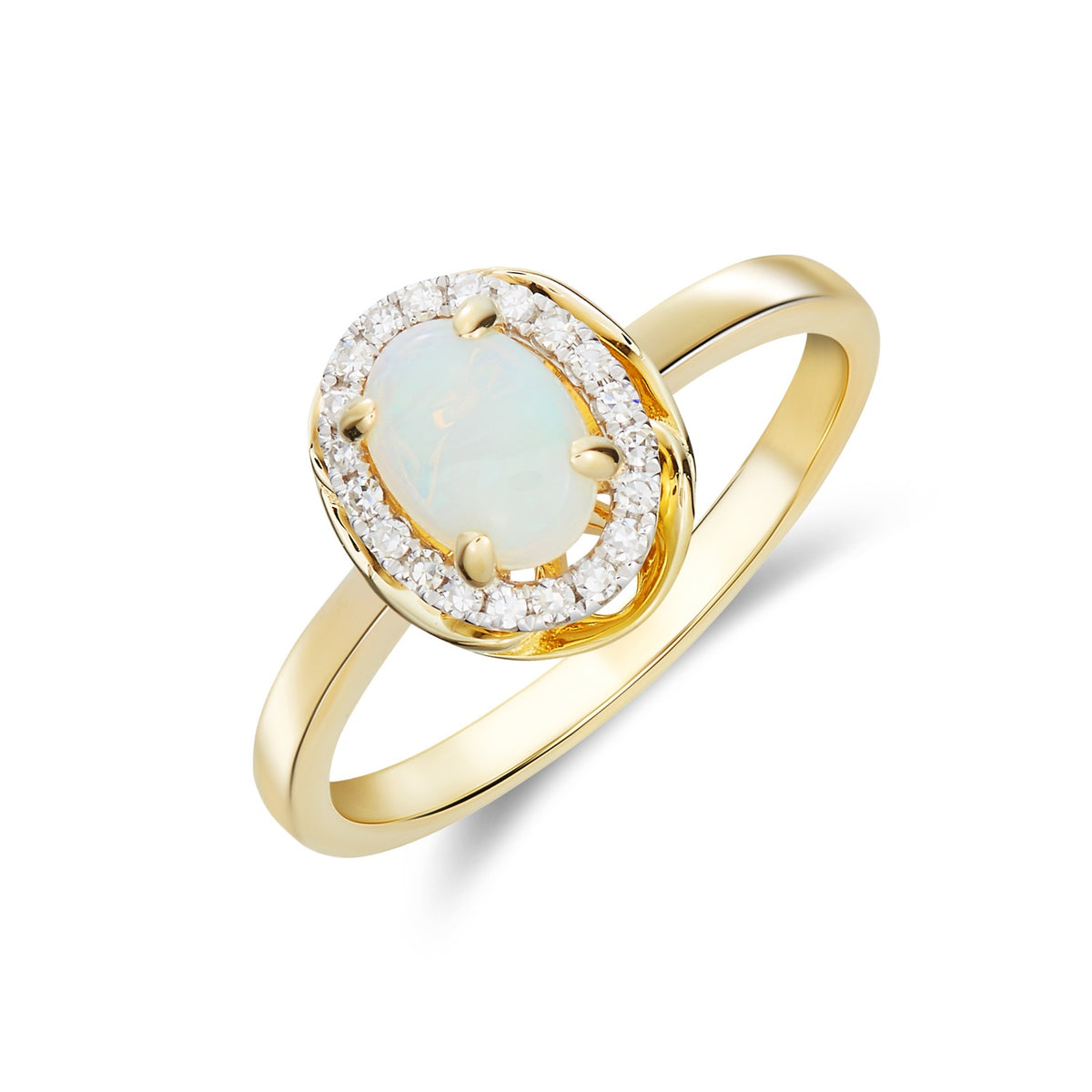 9CT YG 7X5 OVAL OPAL & DIAMOND CLUSTER RING WITH ROPE EDGE