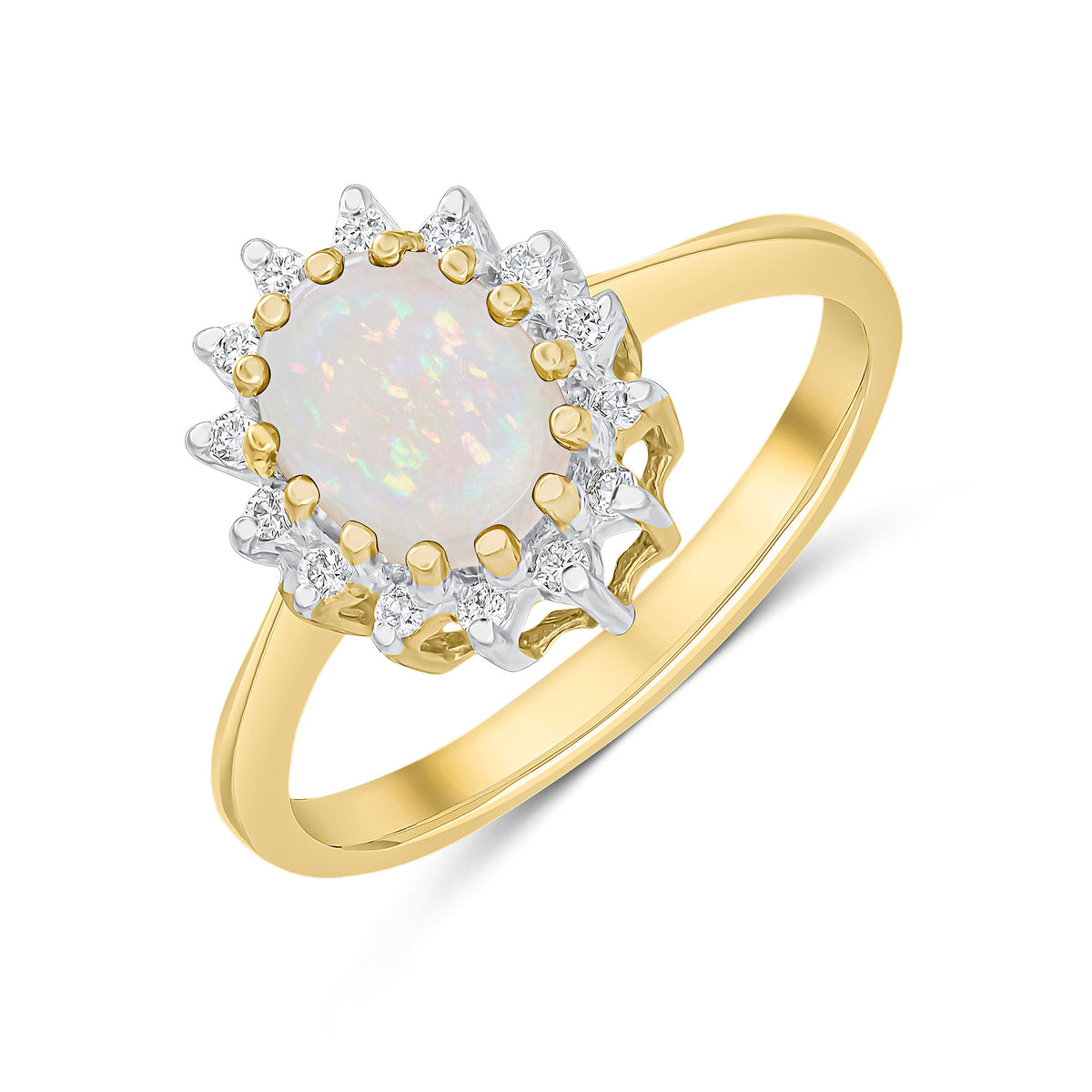 9CT YG 8X6 OVAL OPAL & DIAMOND CLAW SET CLUSTER RING. RHODIUM TO DIAMONDS