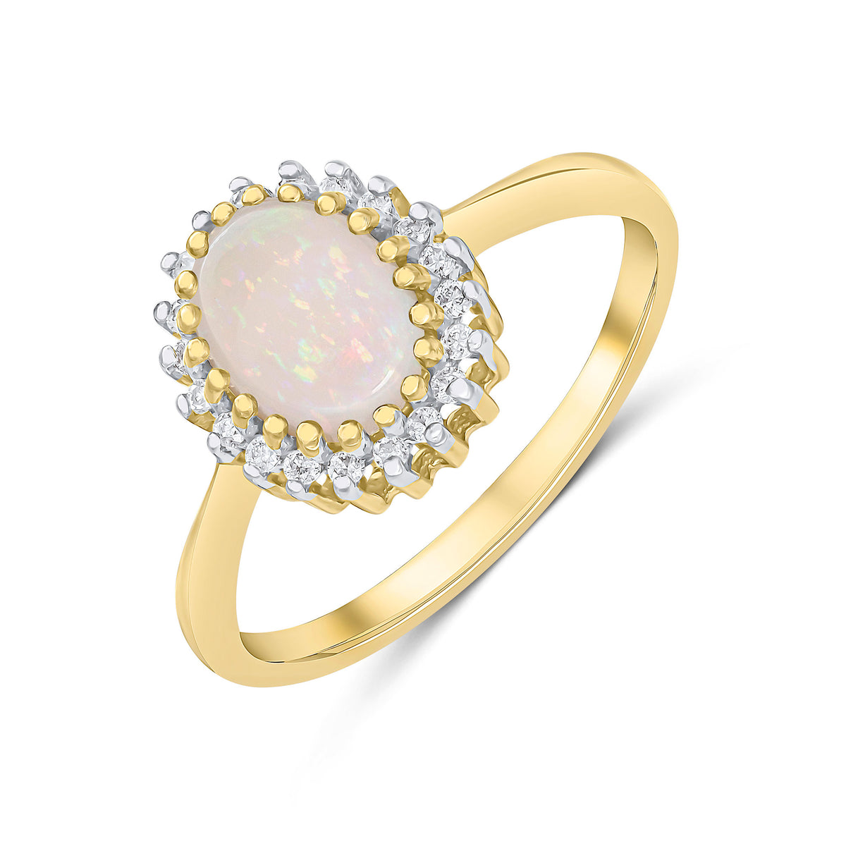 9CT YG 8X6 OVAL OPAL & DIAMOND CLAW SET CLUSTER RING. RHODIUM TO DIAMONDS