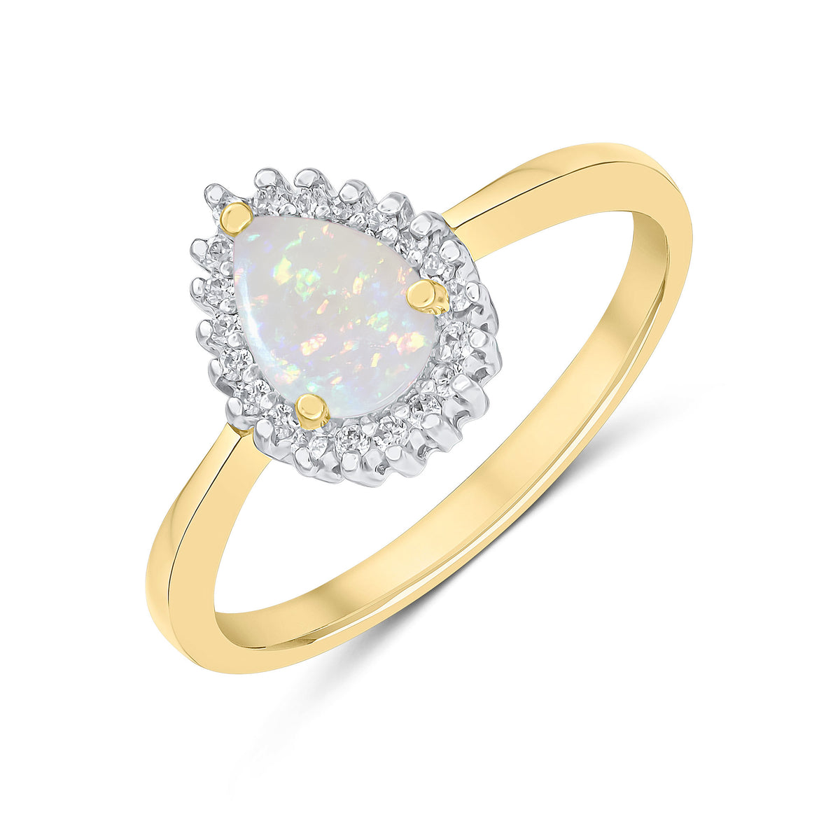 9CT YG 7X5MM PEARSHAPE OPAL & DIAMOND CLAW SET CLUSTER RING. RHODIUM TO DIAMONDS
