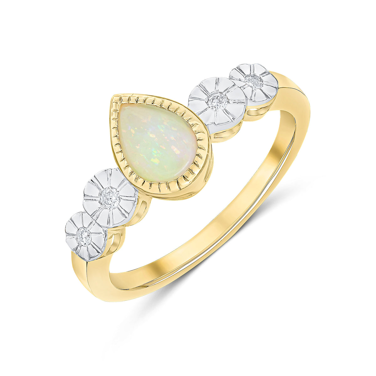 9CT YELLOW GOLD MILLEGRAIN PEARSHAPE OPAL AND ILLUSION DIAMOND 4ST SHOULDERS RING. RHODIUM TO DIAMOND