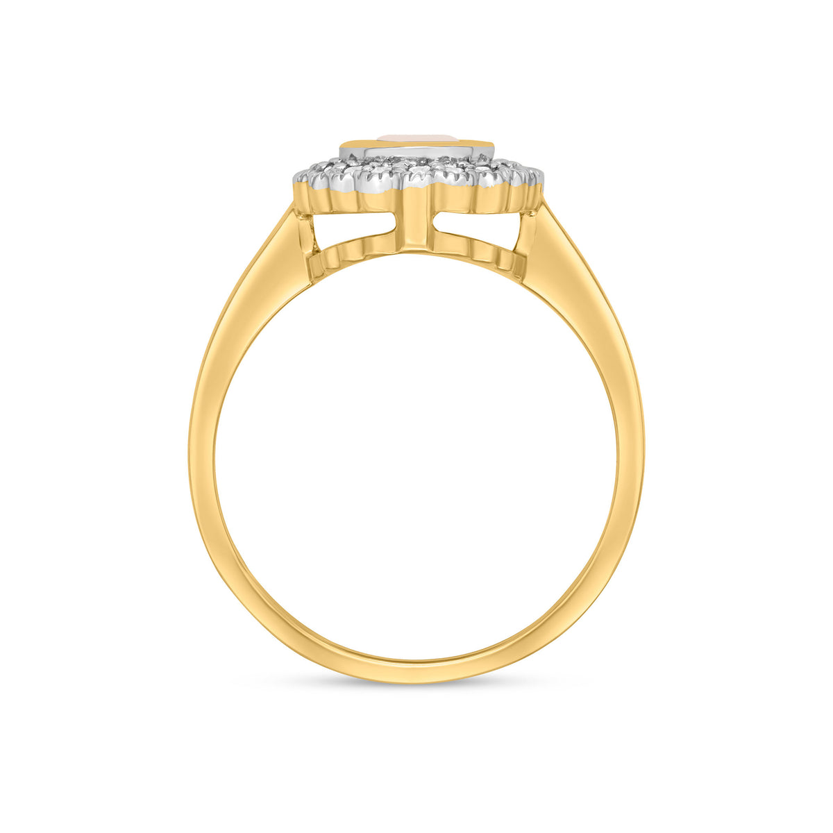 9CT YG RUBOVER OVAL OPAL AND MILLEGRAIN ROUND DIAMOND CLUSTER RING. RHODIUM TO DIAMONDS