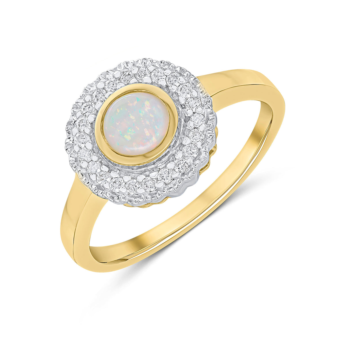 9CT YELLOW GOLD ROUND RUBOVER OPAL AND MILLEGRAIN ROUND DIAMOND CLUSTER RING. RHODIUM TO DIAMONDS