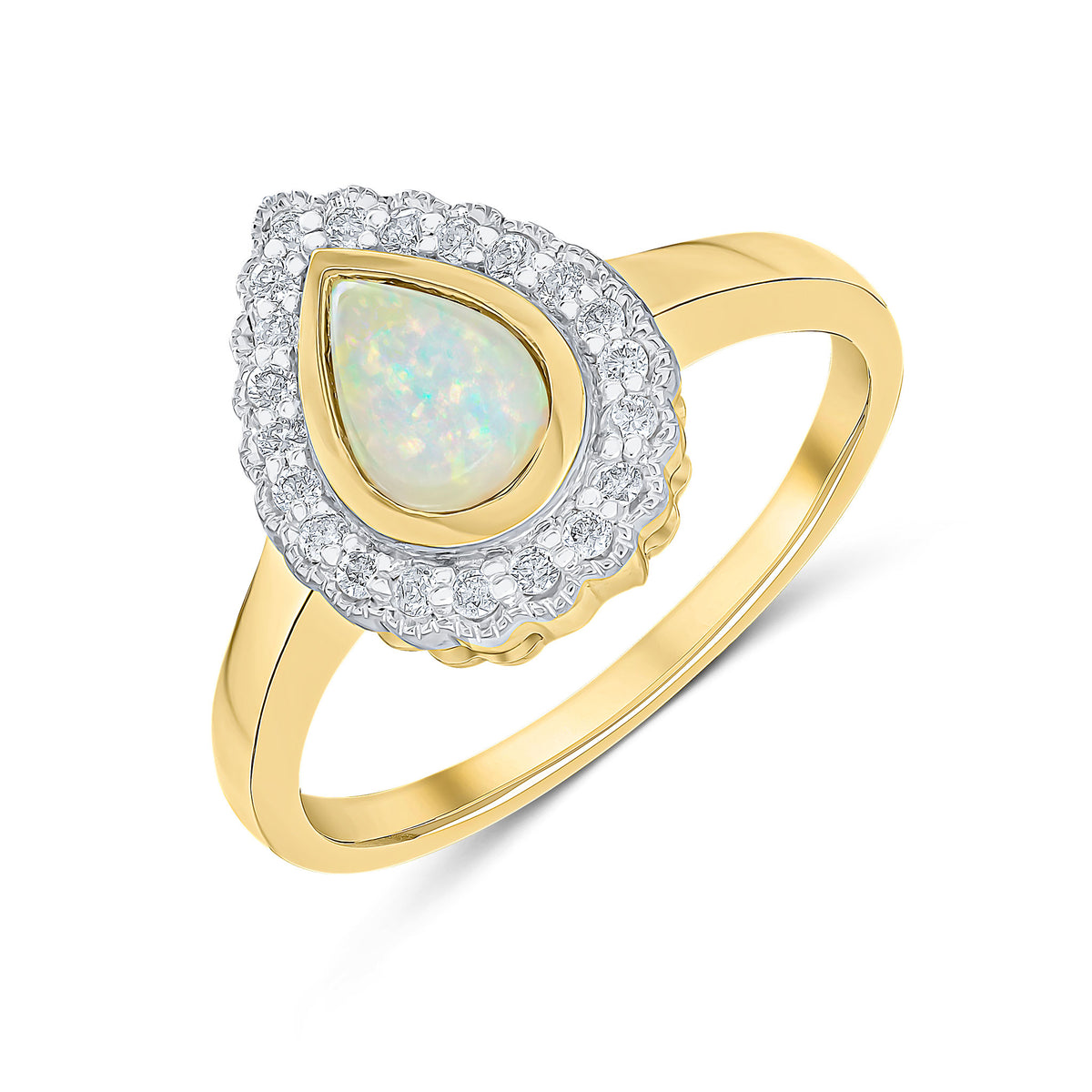 9CT YELLOW GOLD PEARSHAPE RUBOVER OPAL AND MILLEGRAIN ROUND DIAMOND CLUSTER RING. RHODIUM TO DIAMONDS