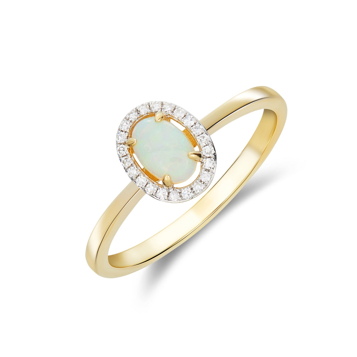9CT YG 6X4 OVAL OPAL AND ROUND DIAMOND HALO CLUSTER RING. RHODIUM TO DIAMONDS