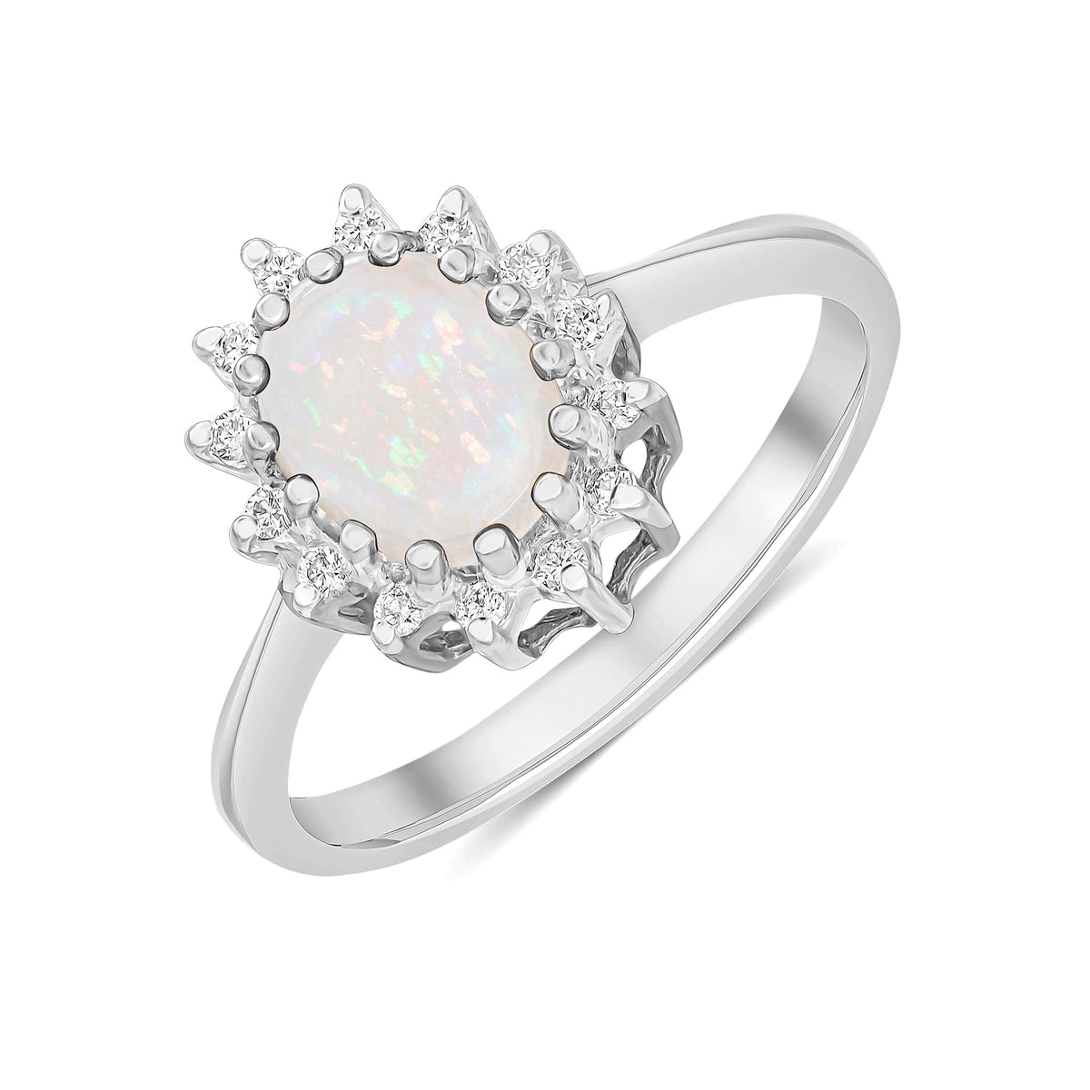 9CT WG 8X6 OVAL OPAL & DIAMOND CLAW SET CLUSTER RING