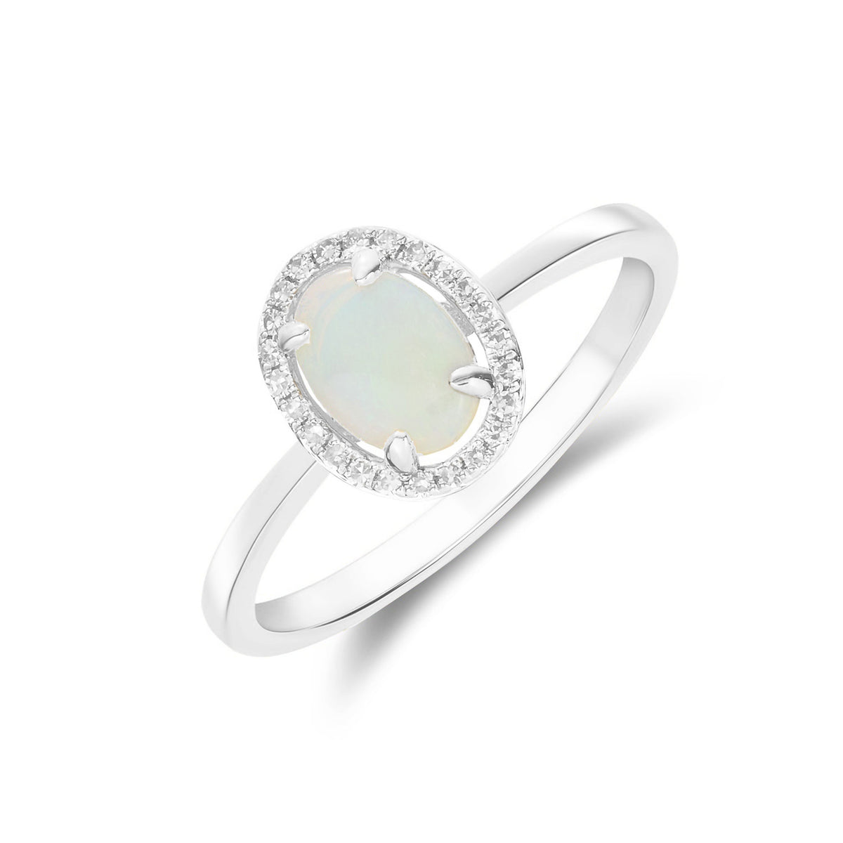 9CT WG 7X5 OVAL OPAL & DIAMOND HALO CLAW SET CLUSTER RING