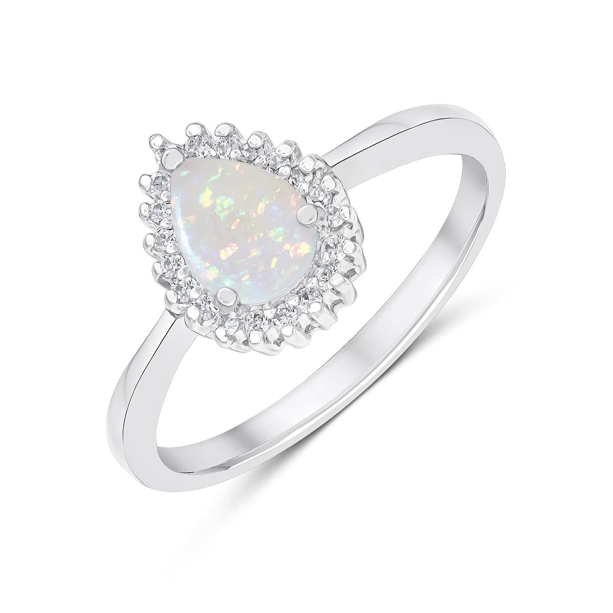 9CT WG 7X5MM PEARSHAPE OPAL & DIAMOND CLAW SET CLUSTER RING