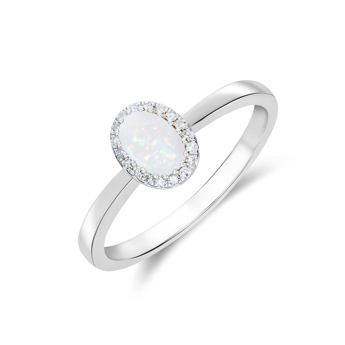 9CT WHITE GOLD OVAL OPAL AND DIAMOND CLAW CLUSTER RING