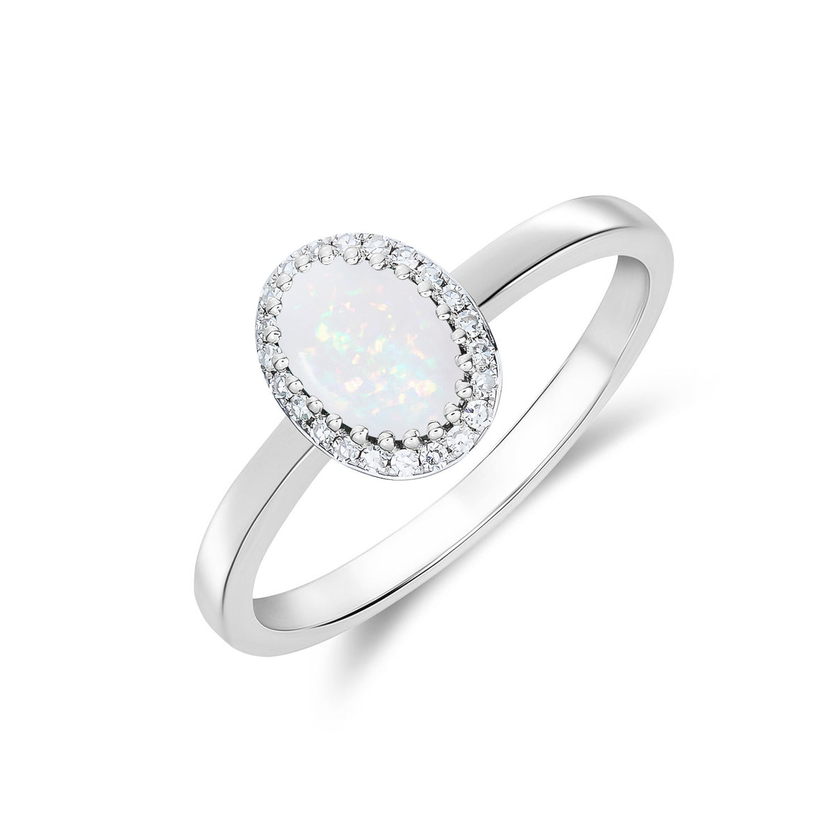 9CT WHITE GOLD 7X5 OVAL OPAL AND ROUND DIAMOND CLAW SET CLUSTER RING