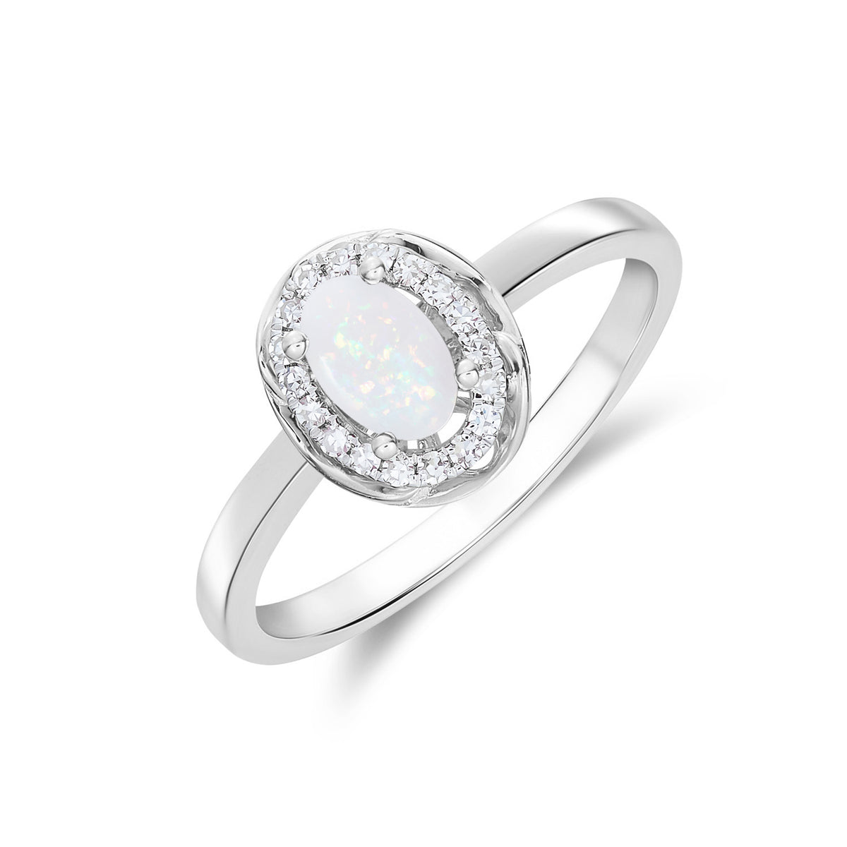 9CT WG 6X4 OVAL OPAL & DIAMOND CLUSTER RING WITH ROPE EDGE