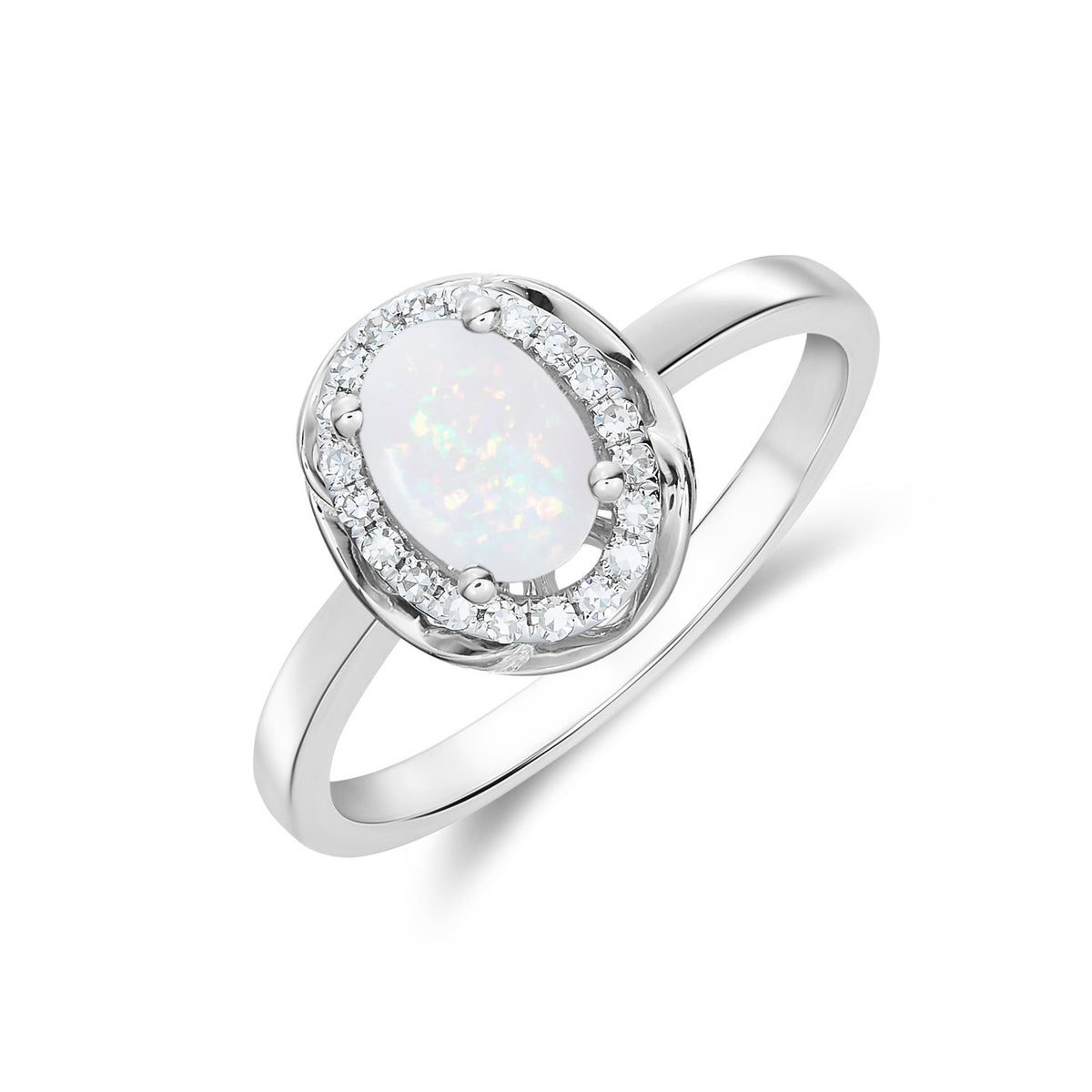 9CT WG 7X5 OVAL OPAL & DIAMOND CLUSTER RING WITH ROPE EDGE