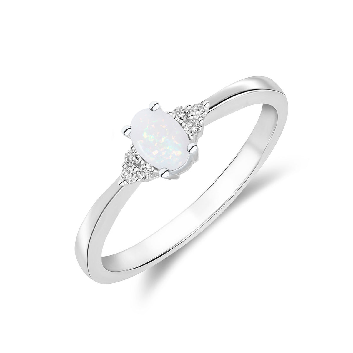 9CT WG 6X4 OVAL OPAL & ROUND DIAMOND TREFOIL SHOULDERS CLAW SET RING