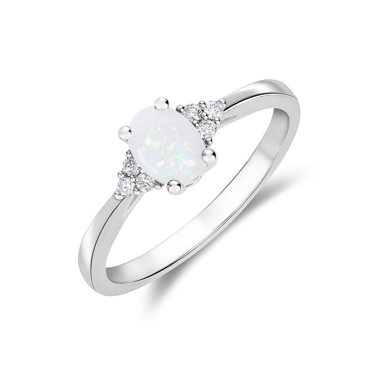 9CT WG 7X5 OVAL OPAL & DIAMOND TREFOIL SHOULDERS RING