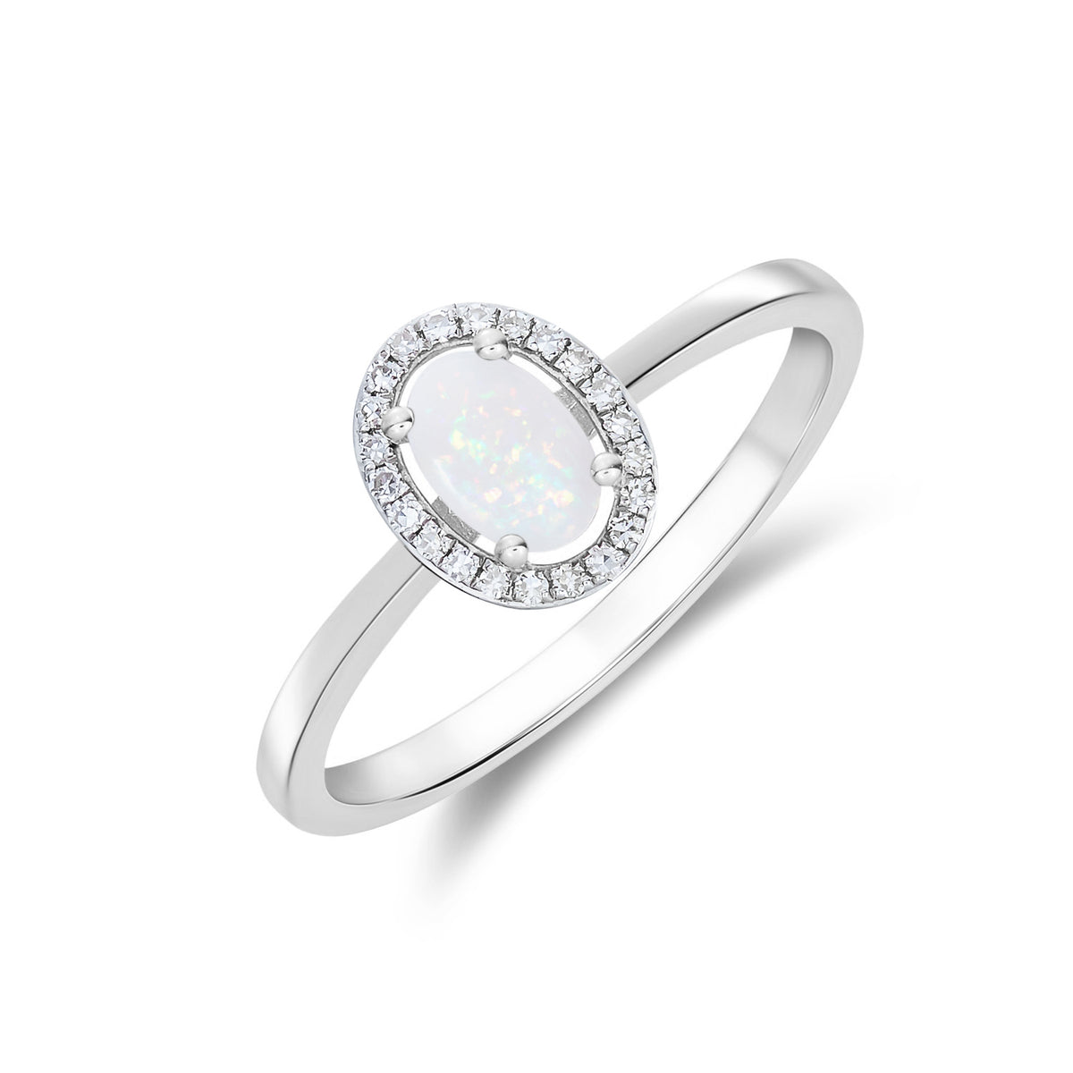 9CT WG 6X4 OVAL OPAL AND ROUND DIAMOND HALO CLUSTER RING