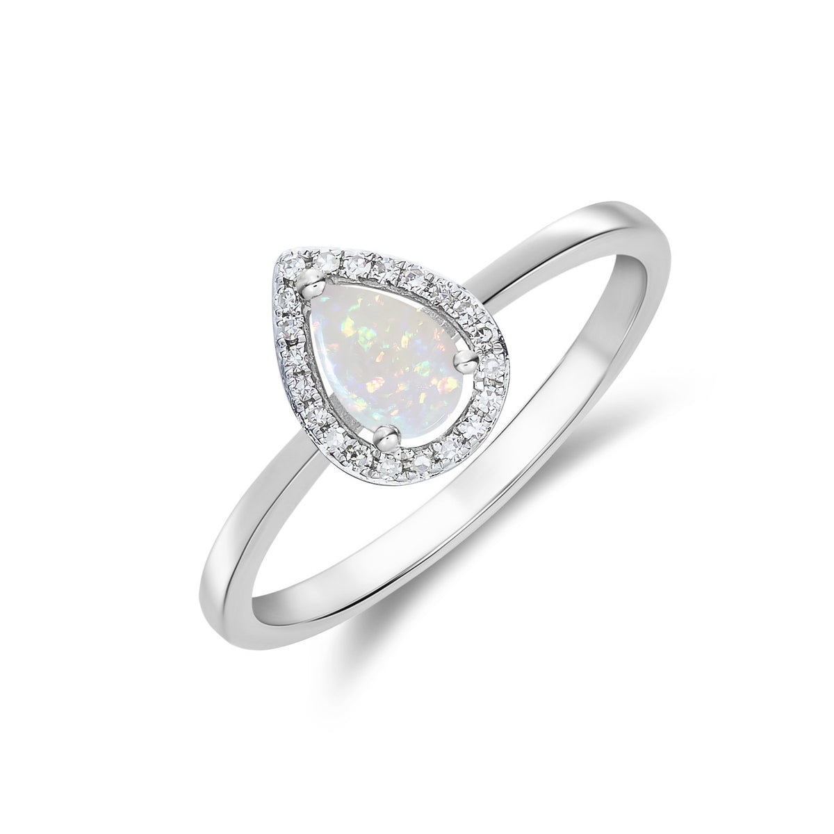 9CT WG 6X4 PEARSHAPE OPAL & DIAMOND HALO CLAW CLUSTER RING