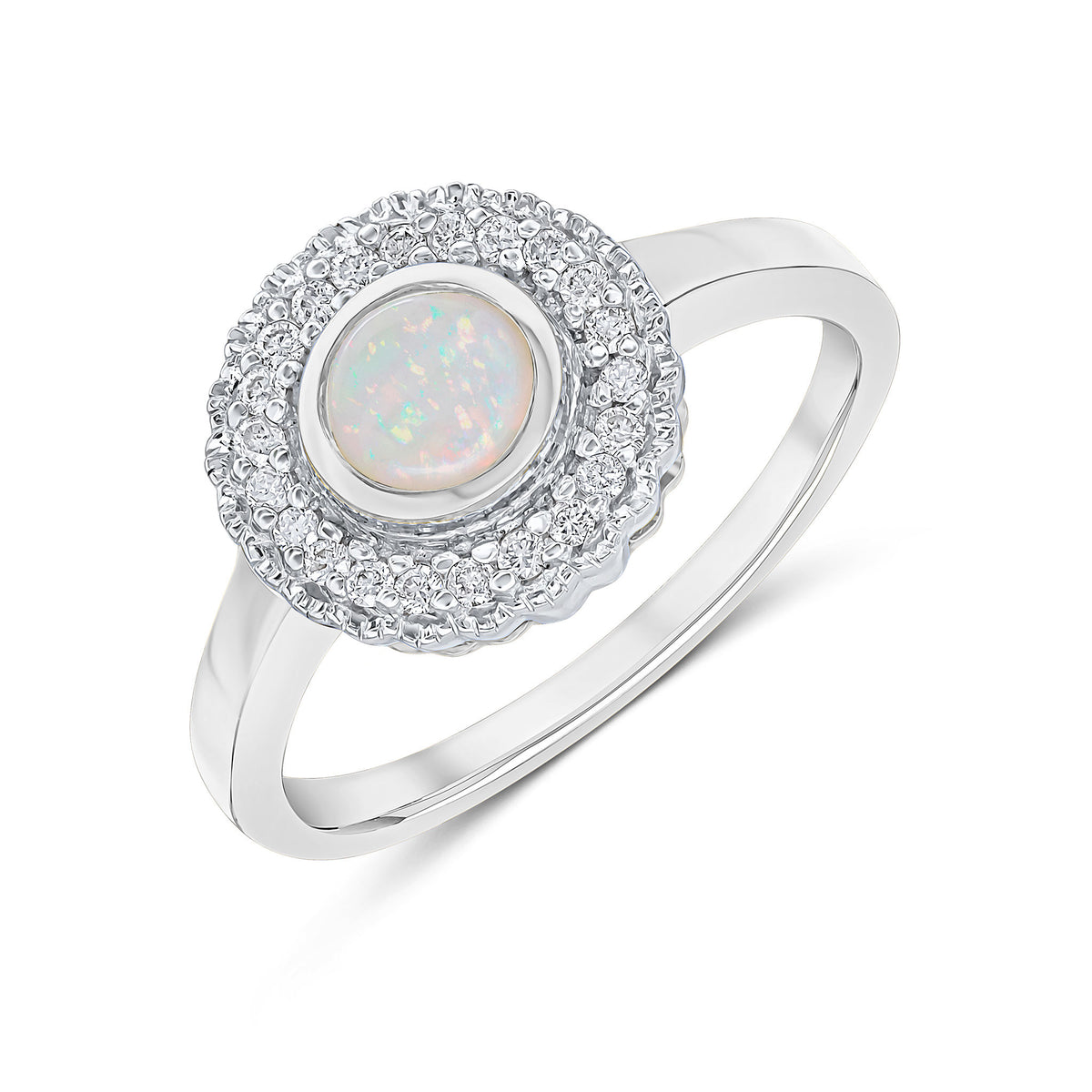 9CT WHITE GOLD ROUND RUBOVER OPAL AND MILLEGRAIN ROUND DIAMOND CLUSTER RING