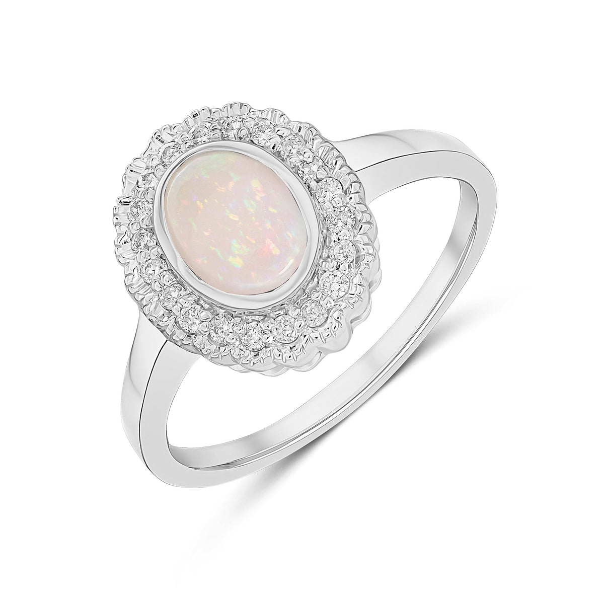 9CT WHITE GOLD RUBOVER OVAL OPAL AND MILLEGRAIN ROUND DIAMOND CLUSTER RING