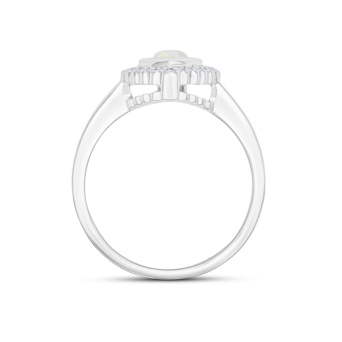 9CT WHITE GOLD PEARSHAPE RUBOVER OPAL AND MILLEGRAIN ROUND DIAMOND CLUSTER RING