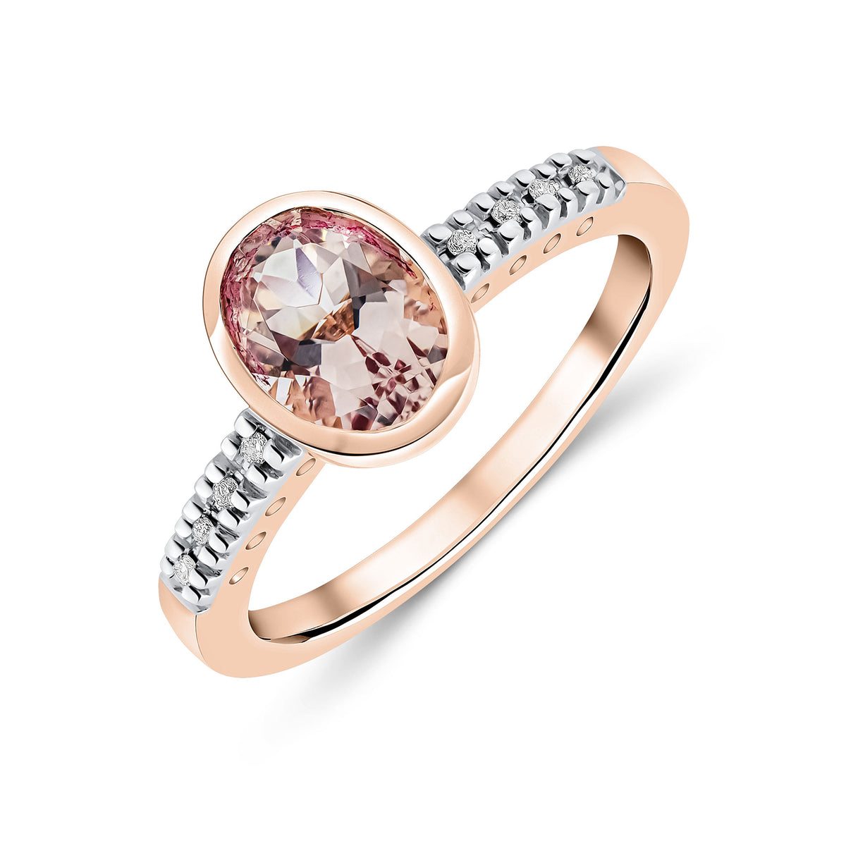 9CT RG RUBOVER 8X6 OVAL MORGANITE SINGLE STONE RING WITH CLAW SET DIAMOND SHOULDERS. RHODIUM TO DIAMONDS