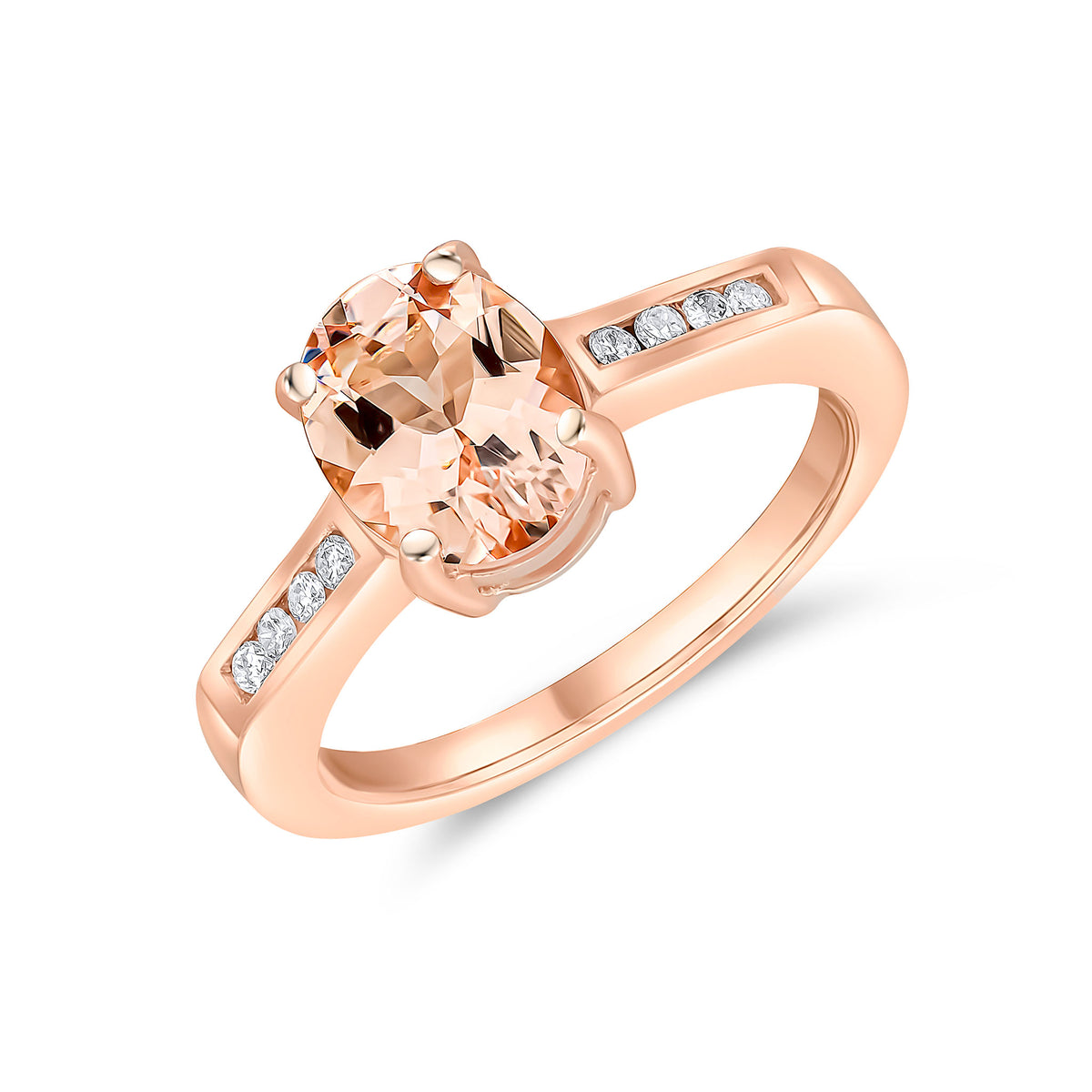 9CT RG 9X7MM CLAW SET OVAL MORGANITE SINGLE STONE RING WITH CHANNEL SET DIAMOND SHOULDERS