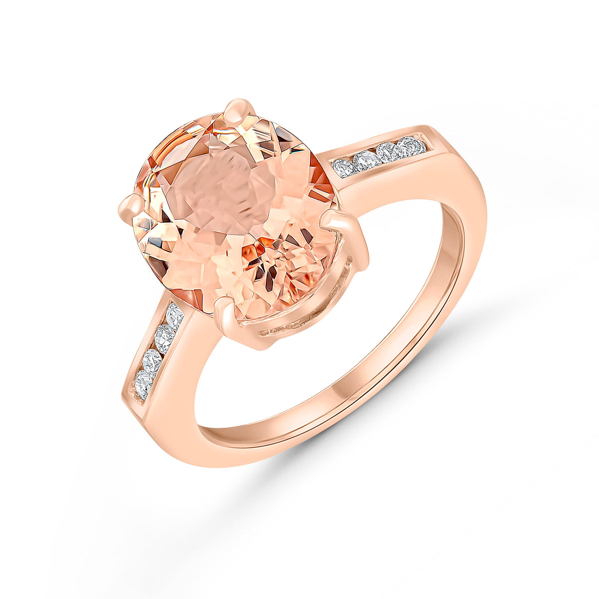 9CT RG 12X10MM CLAW SET OVAL MORGANITE SINGLE STONE RING WITH CHANNEL SET DIAMOND SHOULDERS