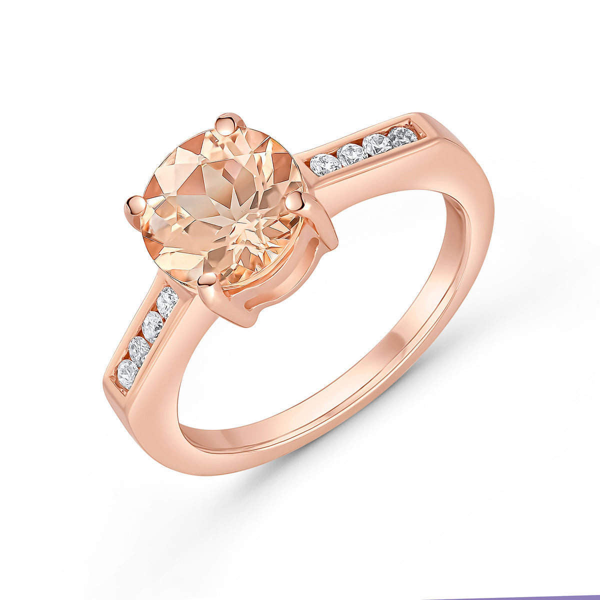 9CT RG CLAW SET 8MM ROUND MORGANITE SINGLE STONE RING WITH CHANNEL SET DIAMOND SHOULDERS