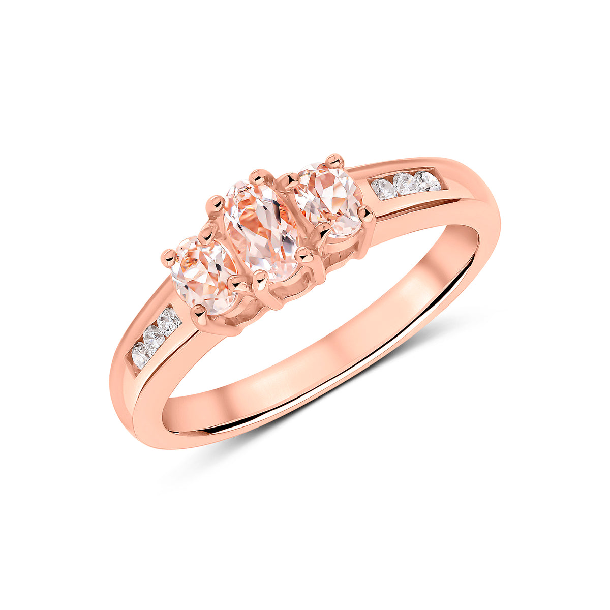 9CT RG OVAL MORGANITE 3ST RING WITH CHANNEL SET DIAMOND SHOULDERS