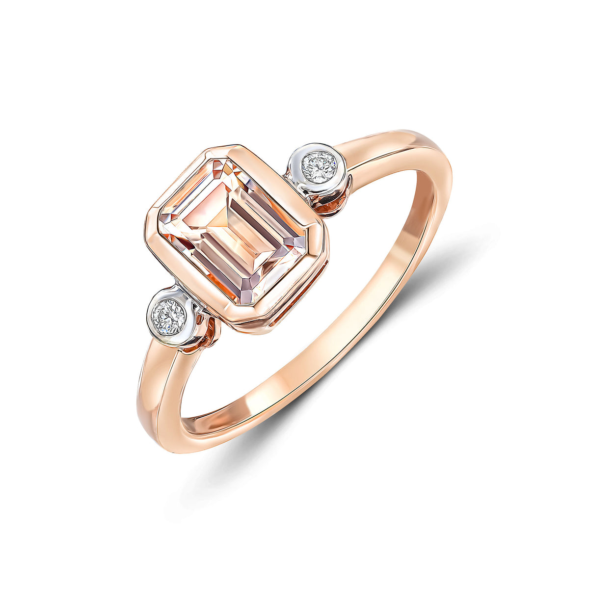 9CT RG 7X5 OCTAGON MORGANITE AND ROUND DIAMOND 3ST RUBOVER RING. RHODIUM TO DIAMONDS