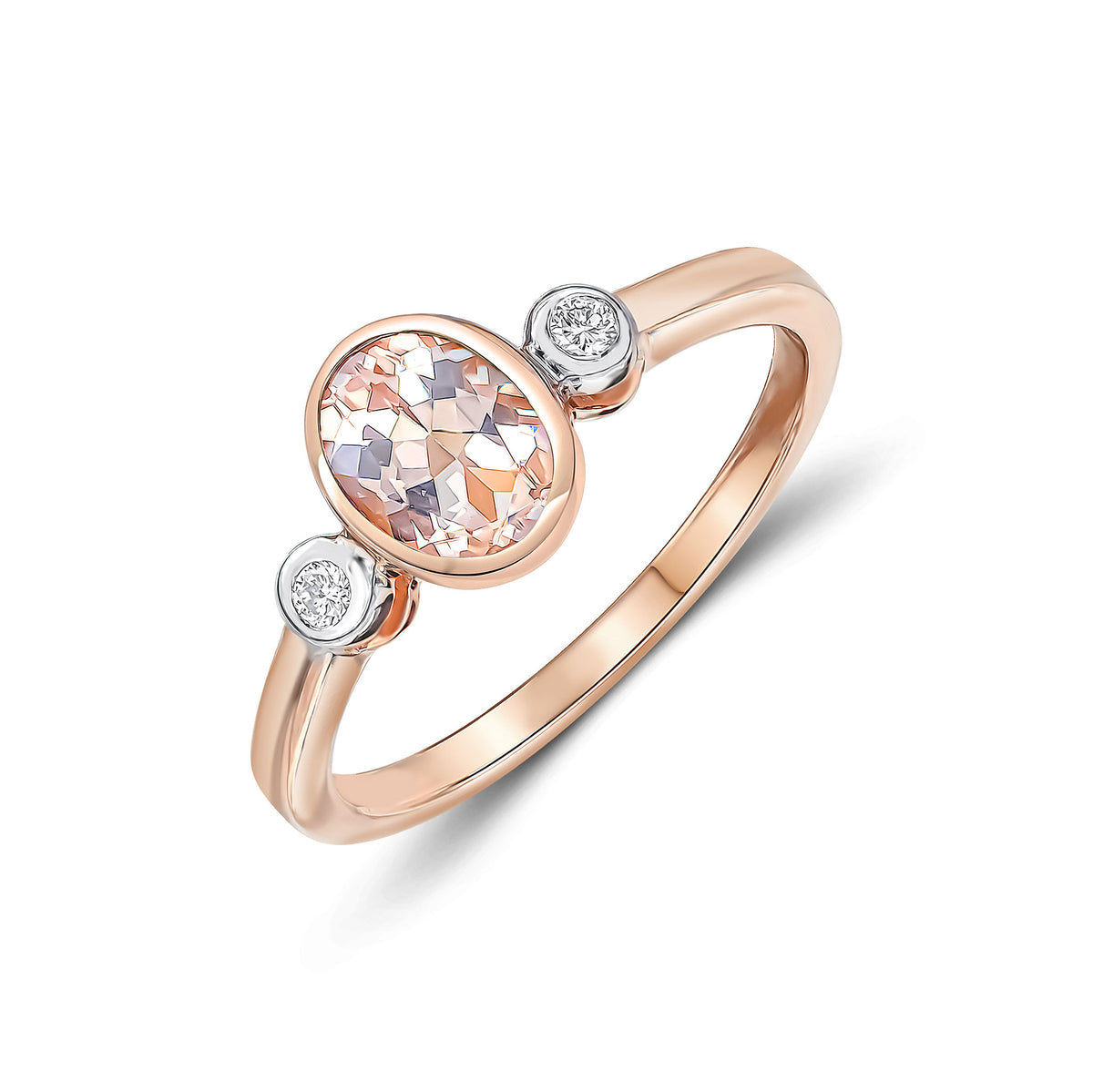 9CT RG 7X5 OVAL MORGANITE AND ROUND DIAMOND 3ST RUBOVER RING. RHODIUM TO DIAMONDS