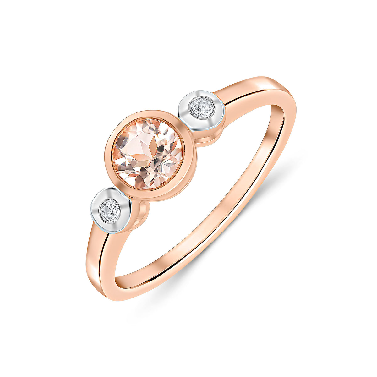 9CT RG 5MM ROUND MORGANITE AND ROUND DIAMOND RUBOVER 3ST RING. RHODIUM TO DIAMONDS